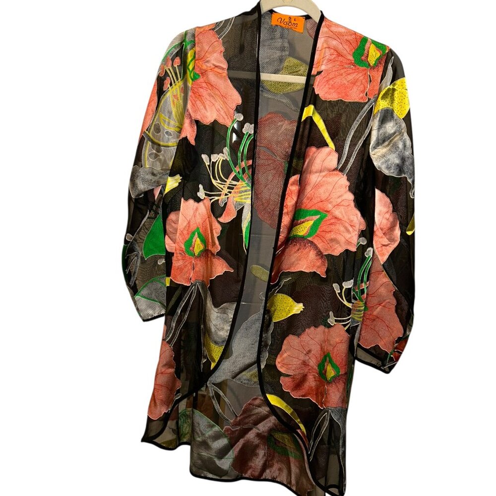 VOOM Joy Han Y@K Tropical hibiscus black salmon pink kimono cover up top L